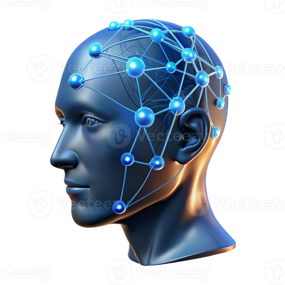 magnificent abstract A transparent human head with visible neural pathways, glowing with data streams, dark background with blue accents, scientific visualization style authentic png