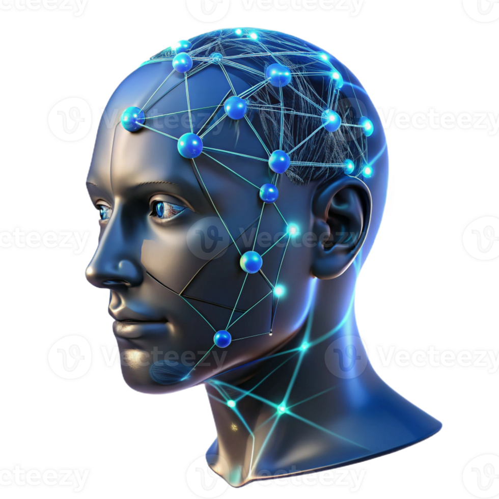 serene traditional A transparent human head with visible neural pathways, glowing with data streams, dark background with blue accents, scientific visualization style high quality png