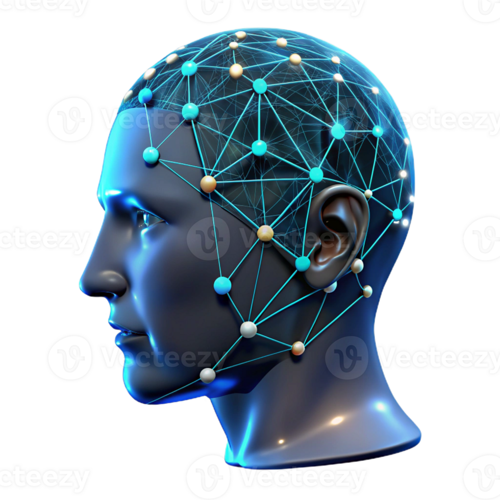 dramatic minimalist A transparent human head with visible neural pathways, glowing with data streams, dark background with blue accents, scientific visualization style 4K png