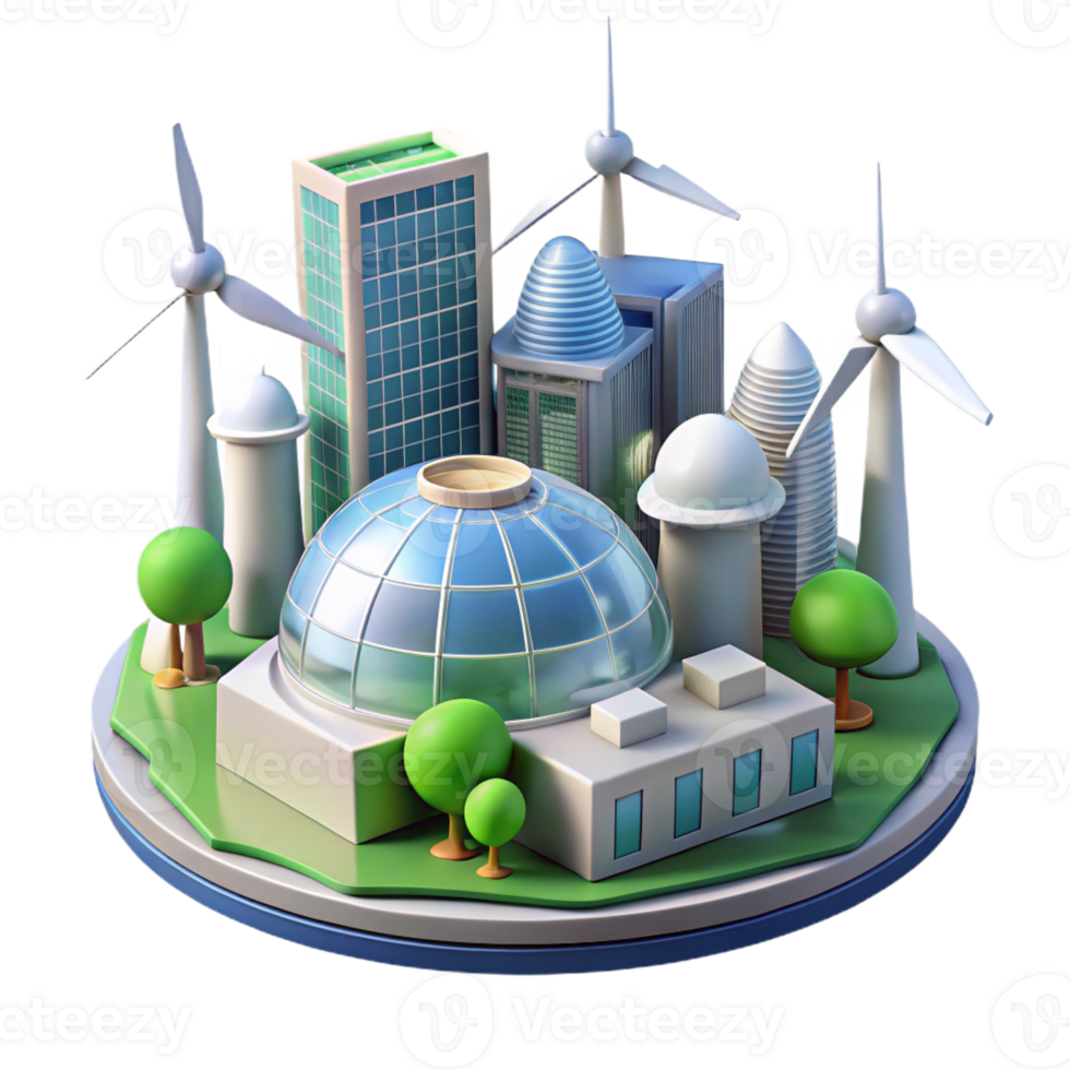 serene artistic A futuristic city powered by renewable energy, wind turbines and solar panels integrated into the architecture, bright daylight, eco-futurism style high resolution png