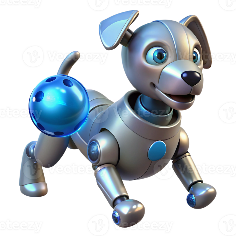 impressive minimalist A robot dog with sleek metallic design, playing fetch with a glowing ball, bright daylight, playful style professional png