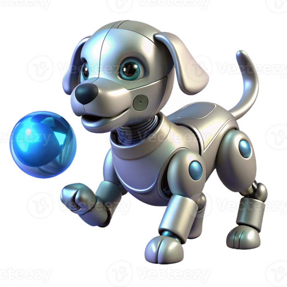 impressive minimalist A robot dog with sleek metallic design, playing fetch with a glowing ball, bright daylight, playful style premium png