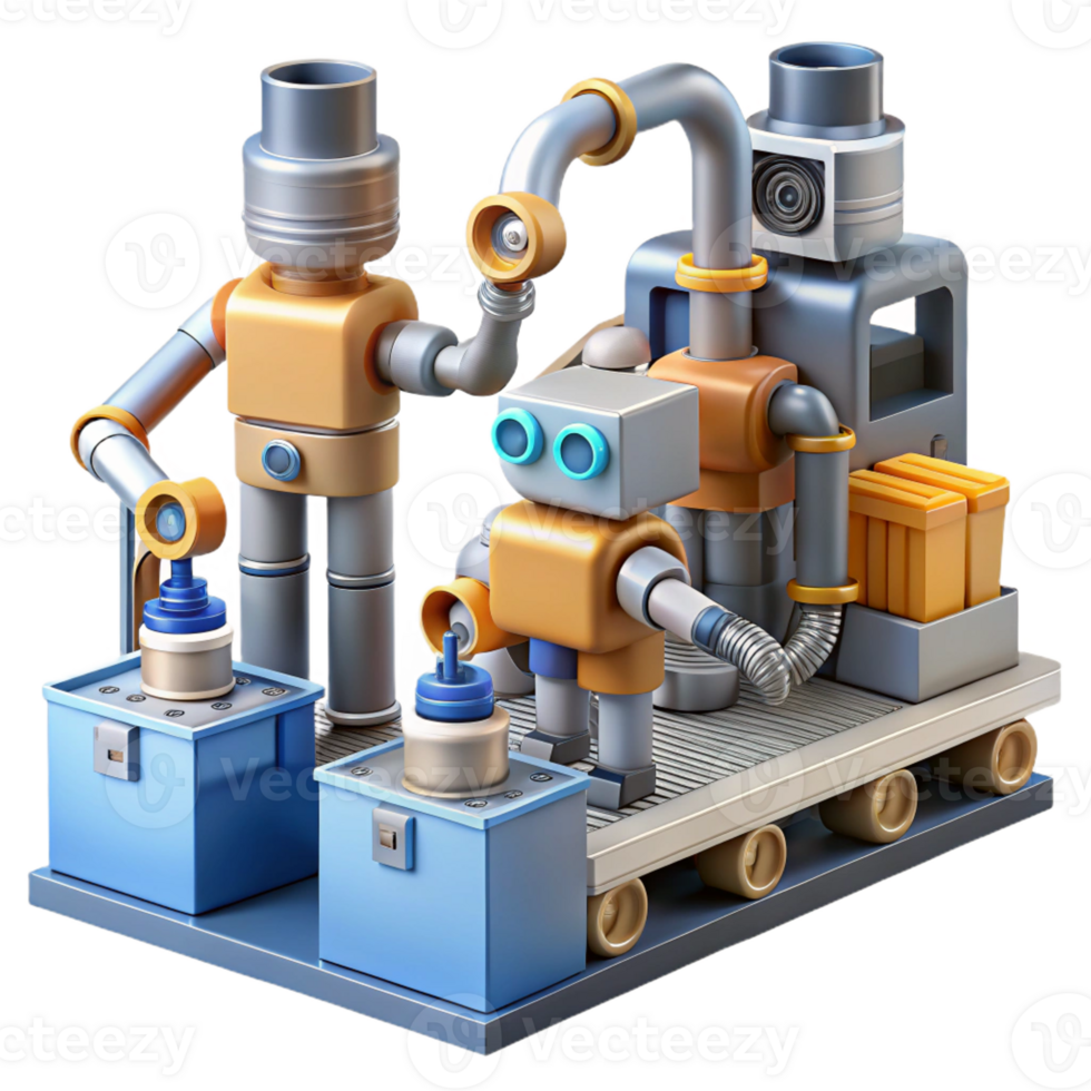 serene vintage A group of robots working in a factory, industrial setting, realistic lighting, industrial photography style high resolution png