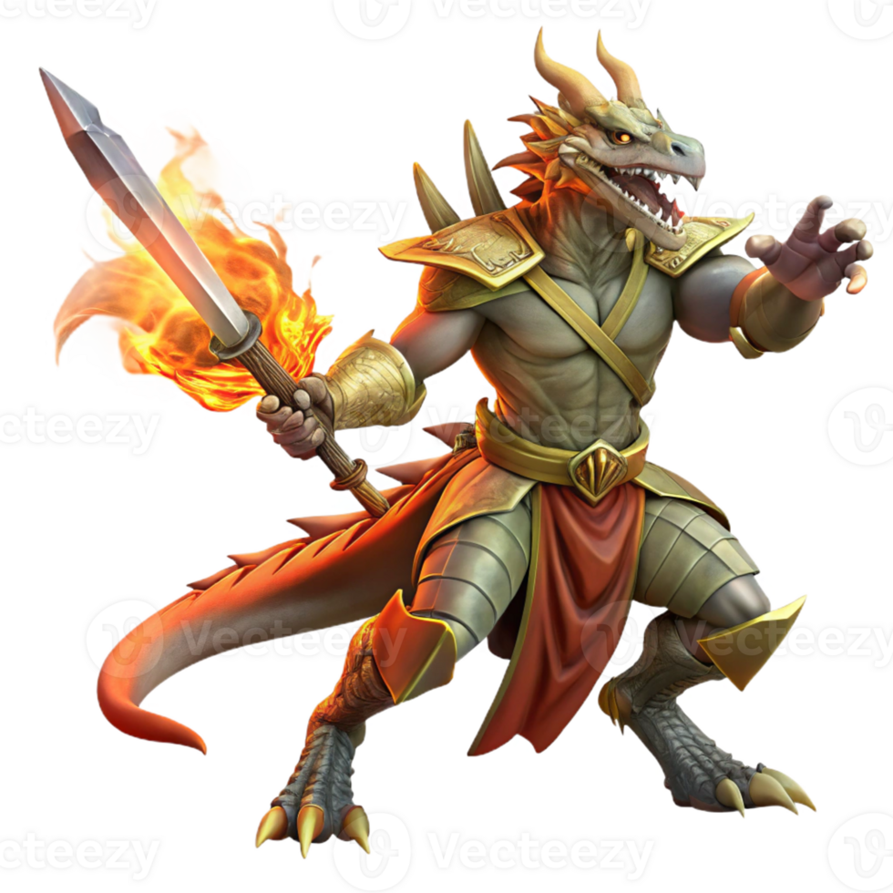 stunning rustic A fierce dragonborn warrior wielding a flaming sword, dramatic backlighting, realistic painting style exclusive png