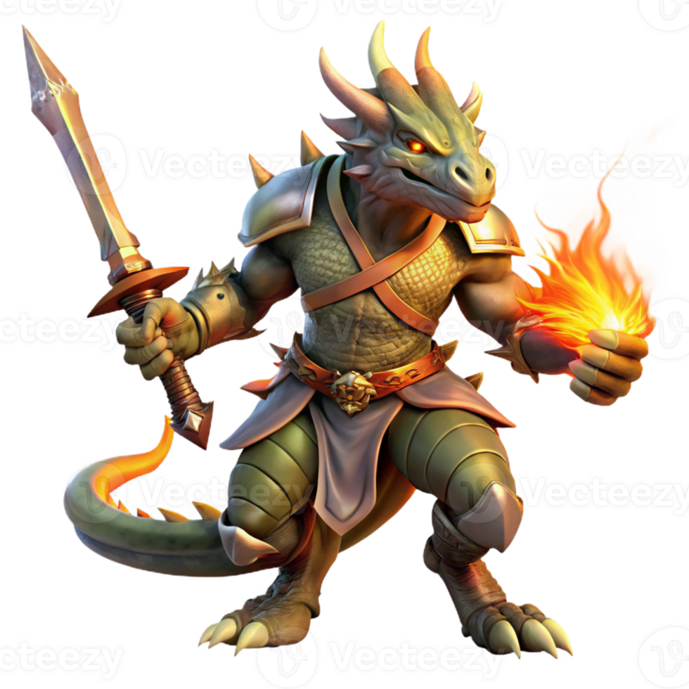 wonderful artistic A fierce dragonborn warrior wielding a flaming sword, dramatic backlighting, realistic painting style exclusive png