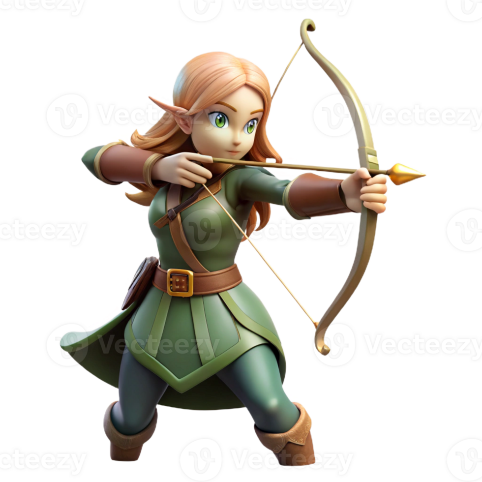 stunning contemporary A graceful elf archer aiming her bow at a distant target, misty forest lighting, anime style original png