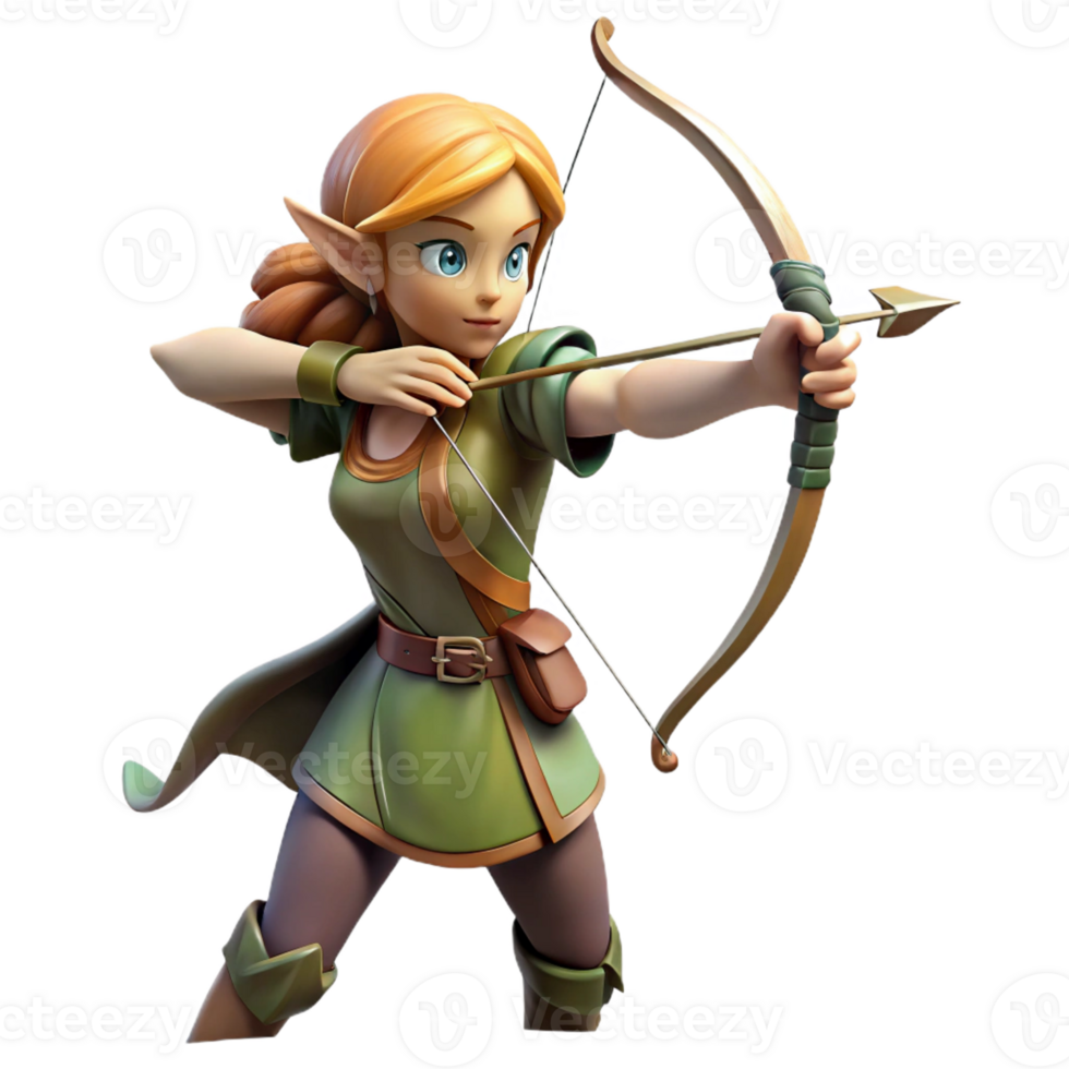 impressive contemporary A graceful elf archer aiming her bow at a distant target, misty forest lighting, anime style premium png