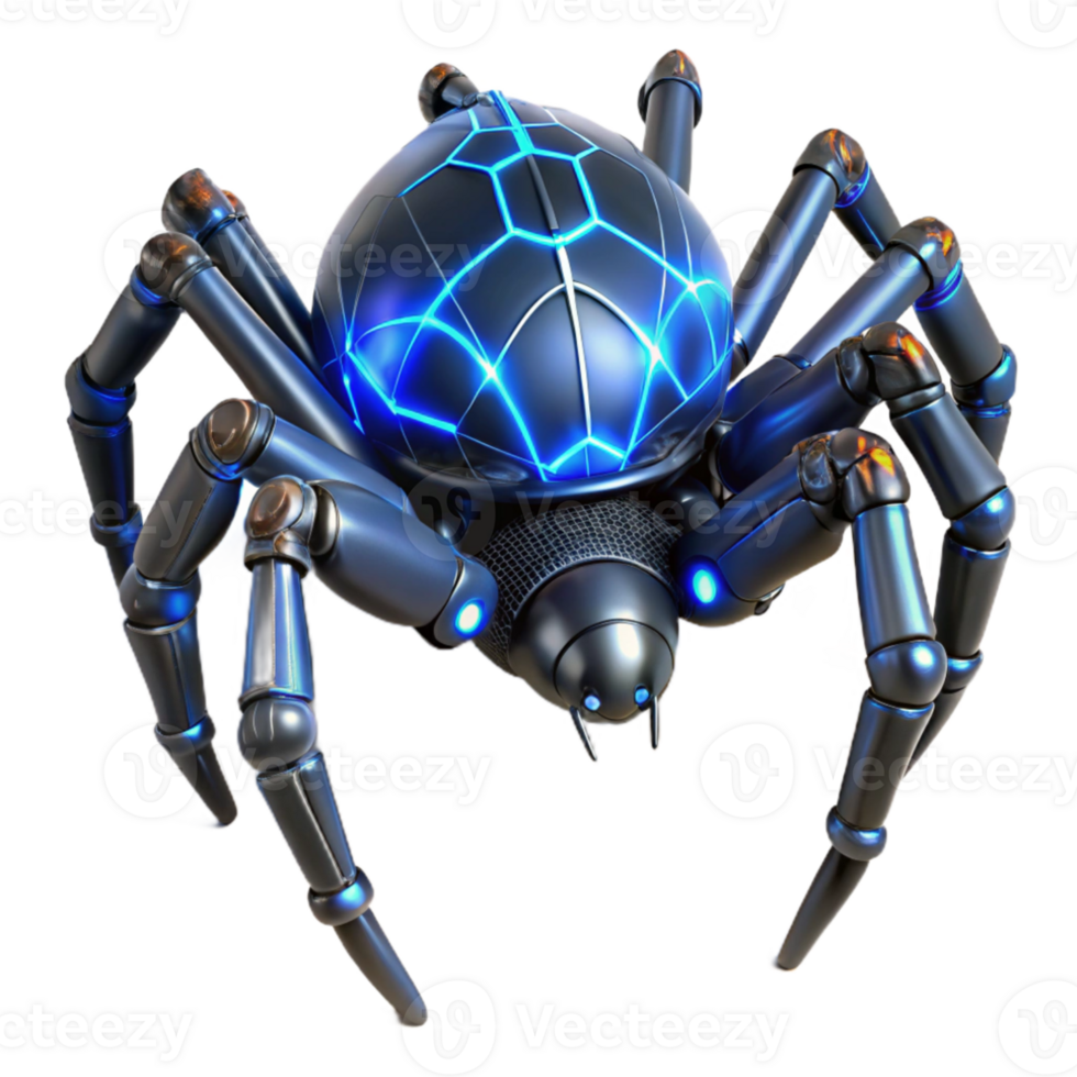 magnificent rustic Giant robotic spider weaving a web of energy, electric blue lighting, dark fantasy style authentic png