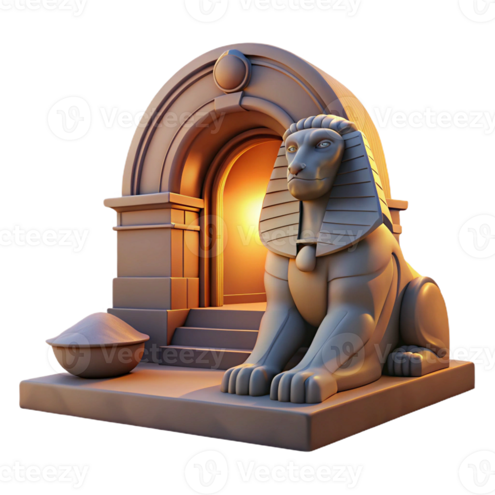 beautiful abstract A mysterious sphinx guarding a hidden portal, desert sunset lighting, art deco style high resolution png