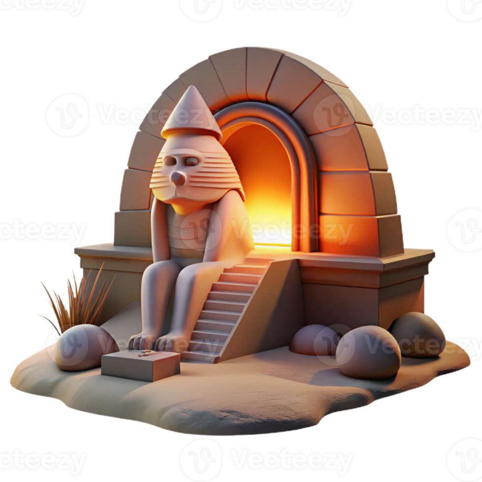 beautiful classic A mysterious sphinx guarding a hidden portal, desert sunset lighting, art deco style high quality png