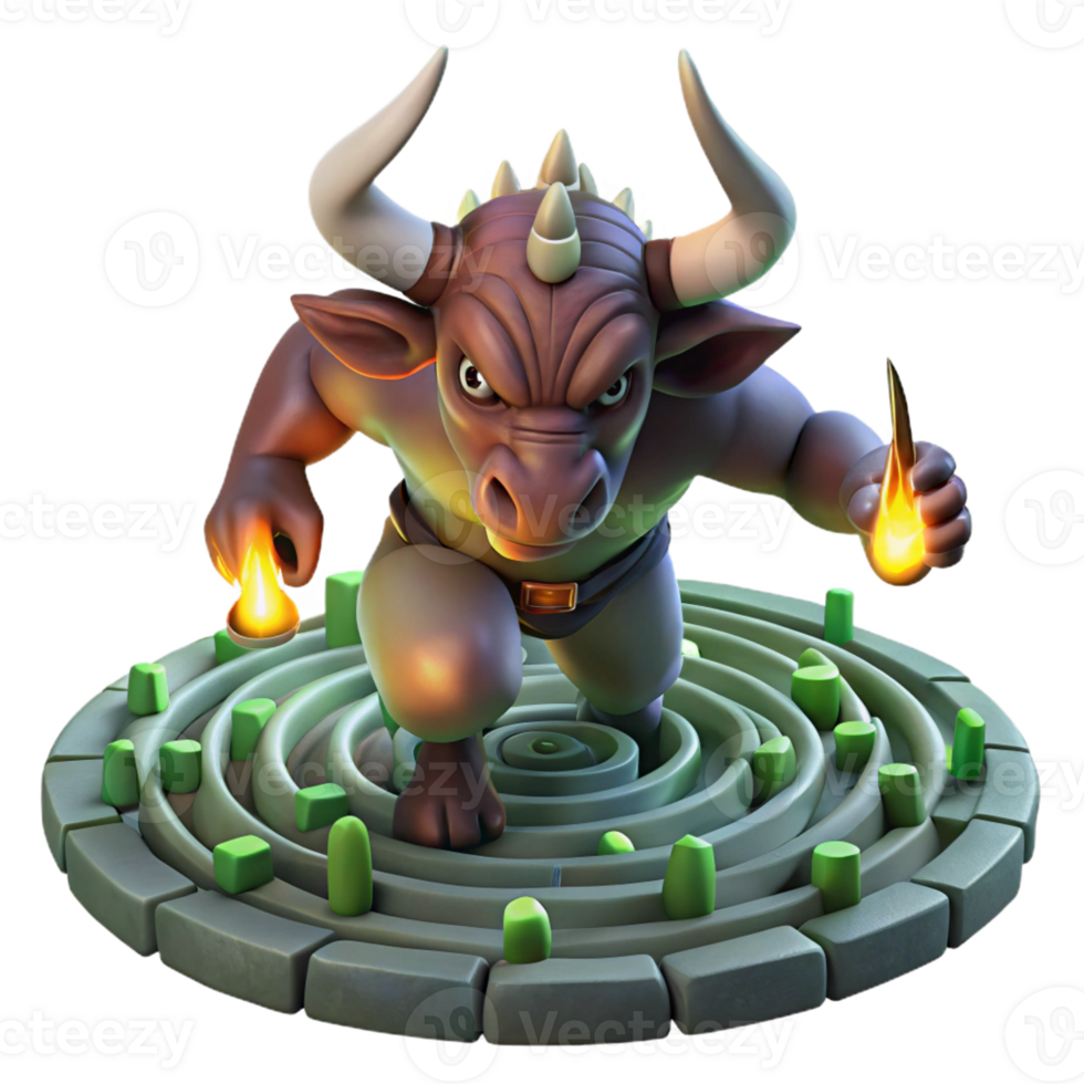 impressive vintage A fearsome minotaur charging through a labyrinth, torchlight lighting, surrealism style high resolution png