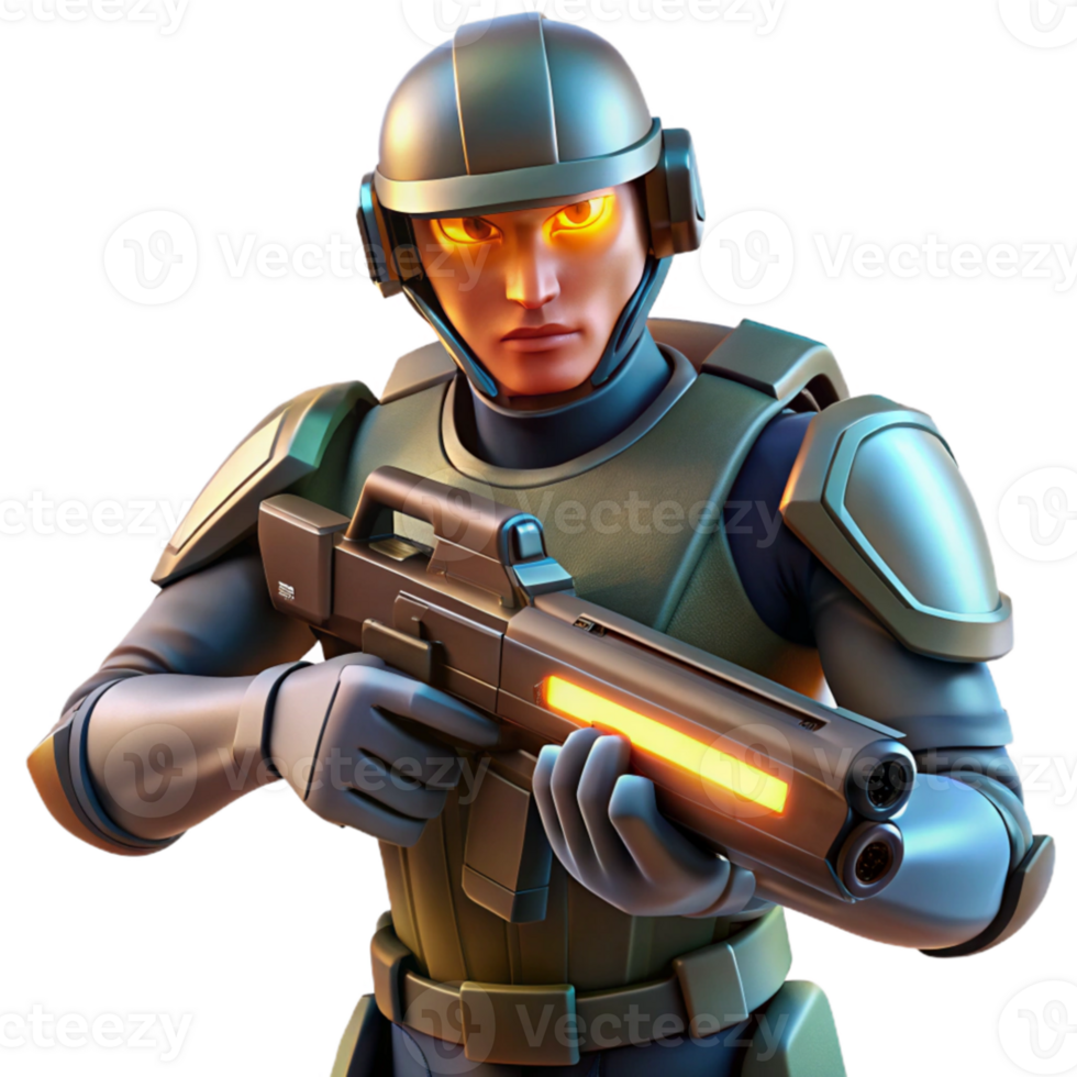 serene rustic Futuristic soldier wielding a plasma rifle, harsh lighting, hyperrealism style genuine png
