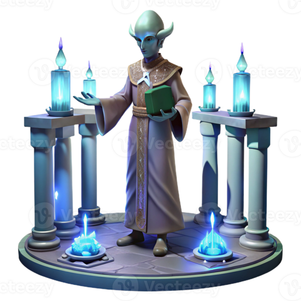 dramatic rustic Alien priest performing a ritual in a bioluminescent temple, mystical lighting, fantasy art style 4K png