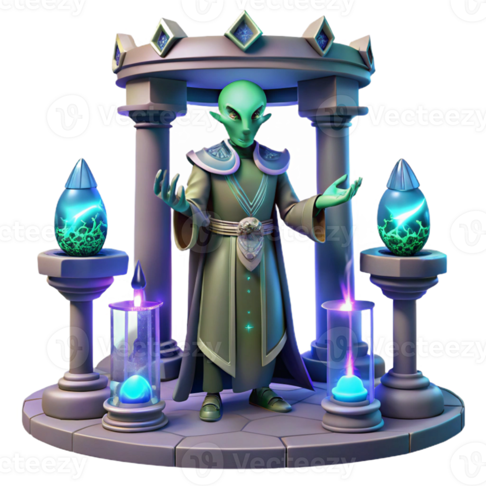 wonderful creative Alien priest performing a ritual in a bioluminescent temple, mystical lighting, fantasy art style 4K png
