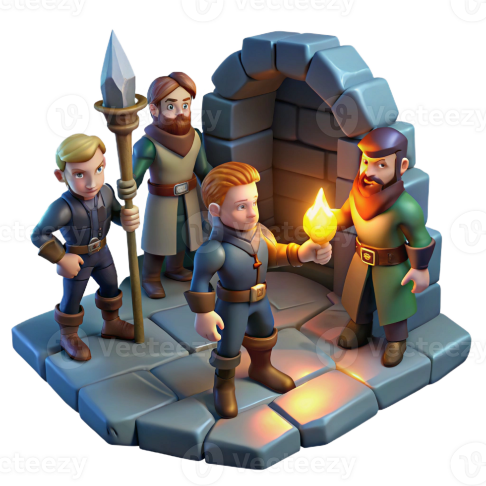 extraordinary creative A group of adventurers exploring a dark dungeon, torchlight lighting, dungeons and dragons style genuine png
