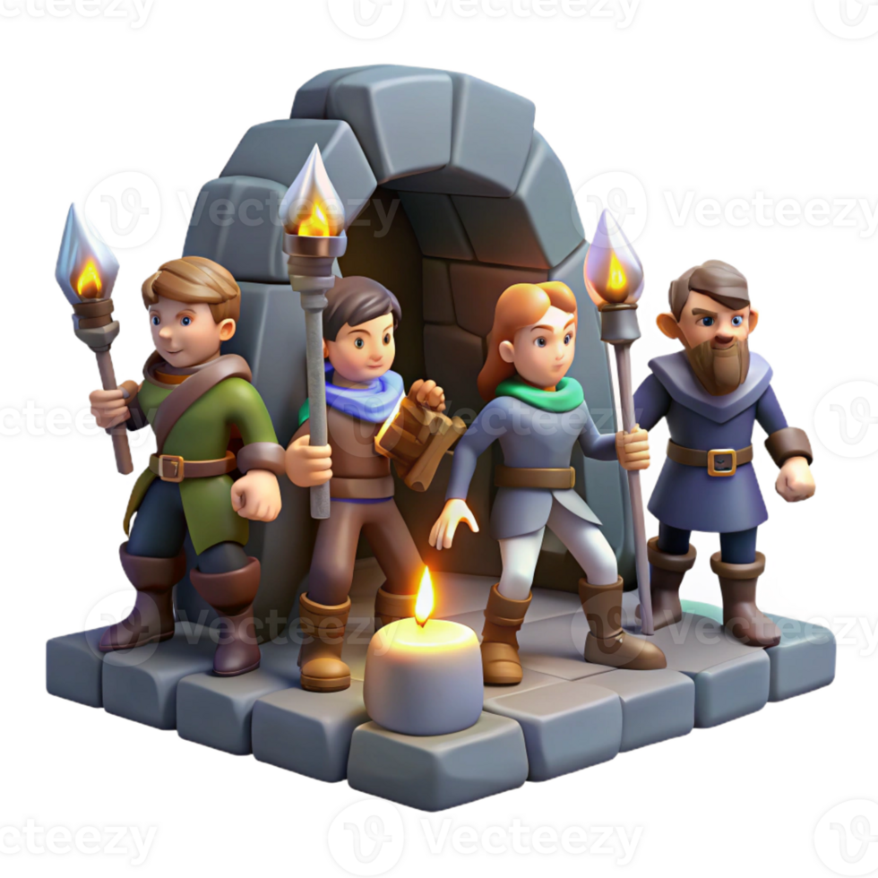 extraordinary modern A group of adventurers exploring a dark dungeon, torchlight lighting, dungeons and dragons style professional png