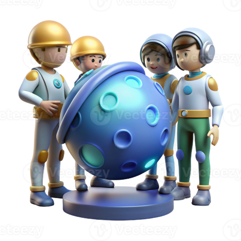 serene creative A group of space explorers discovering a new planet, bright lighting, optimistic sci-fi style premium png