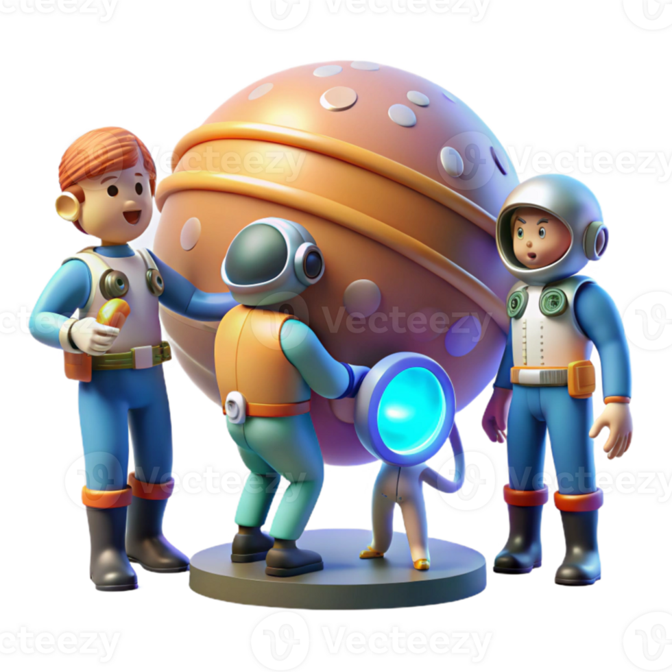 elegant traditional A group of space explorers discovering a new planet, bright lighting, optimistic sci-fi style exclusive png