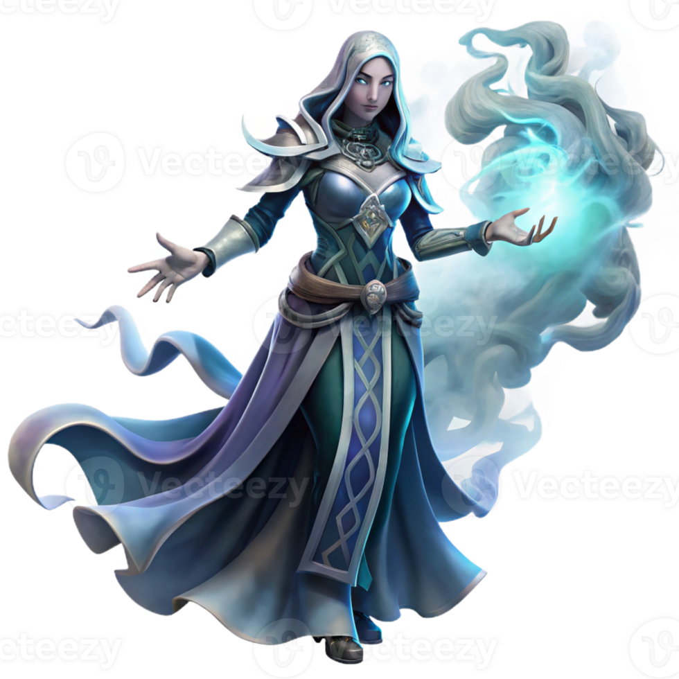 impressive classic A powerful sorceress casting a spell in a swirling mist, ethereal lighting, magic the gathering style high quality png