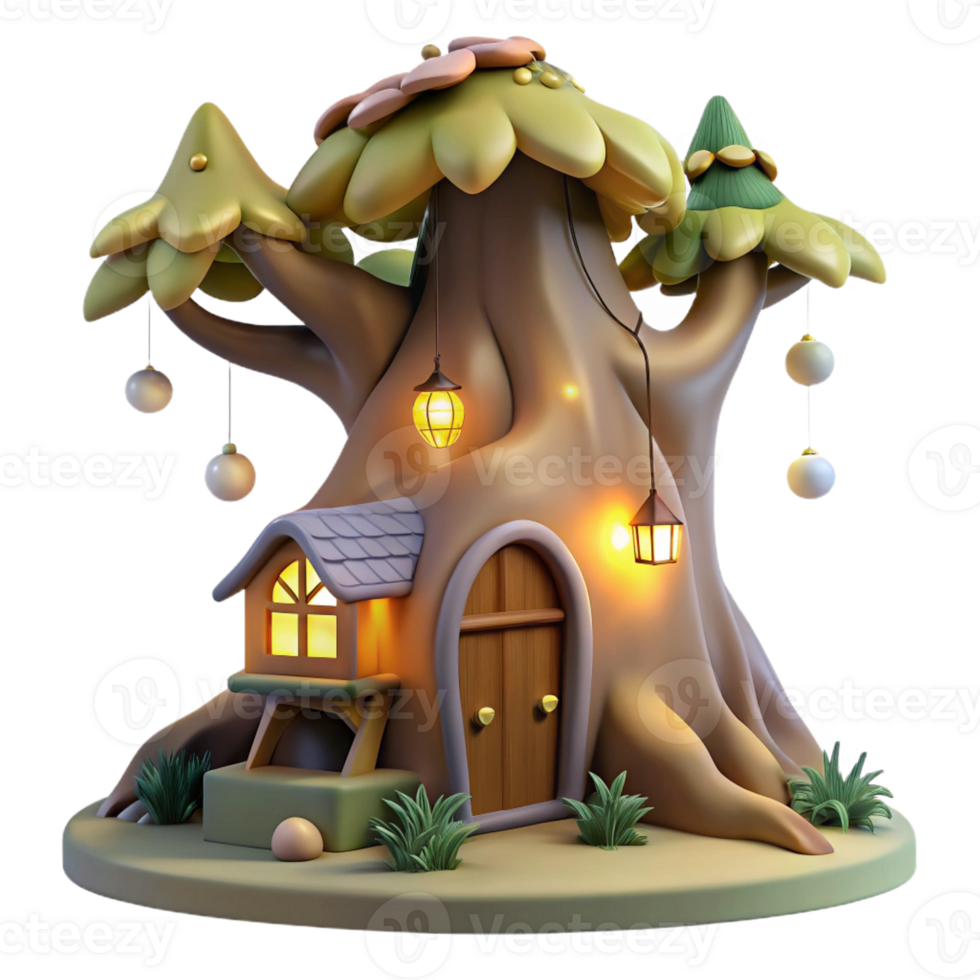 impressive classic A whimsical fairy house nestled in the roots of a giant tree, fairy light lighting, children's book illustration style premium png