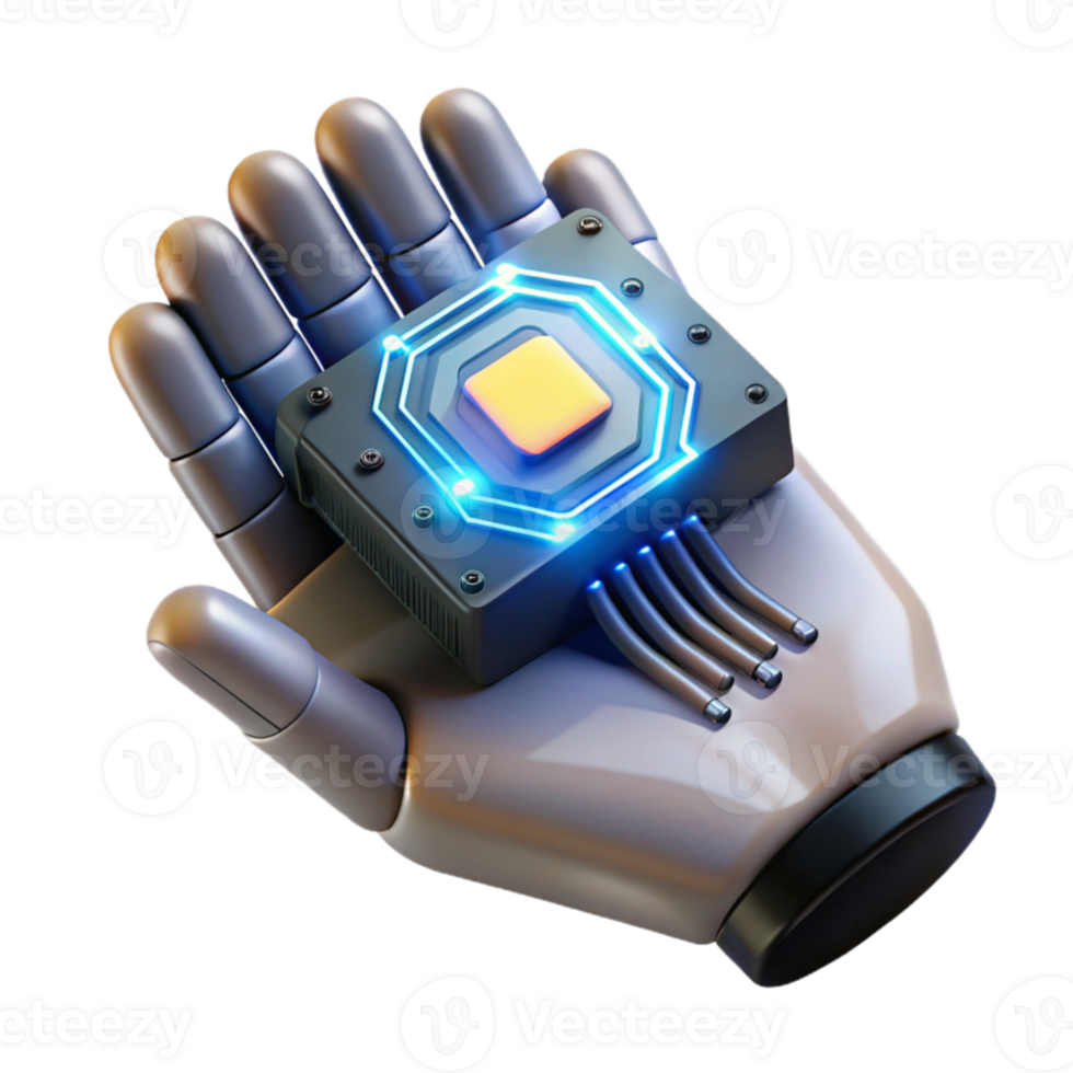 serene contemporary Bionic hand holding a glowing data chip, focused lighting, tech noir style detailed png