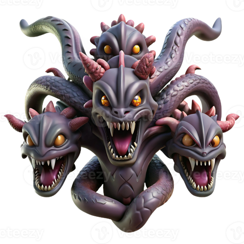 stunning vintage A fearsome hydra with multiple heads, swamp lighting, dark fantasy art style exclusive png