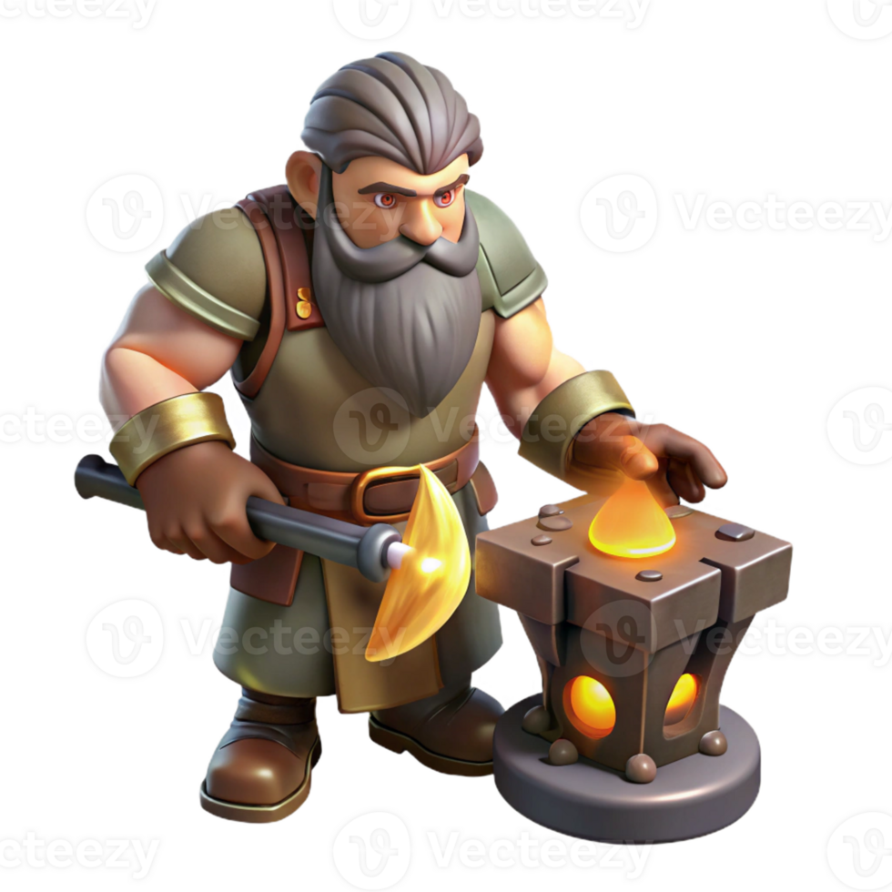 beautiful contemporary A stoic dwarf blacksmith forging a magical weapon, forge lighting, fantasy art style premium png