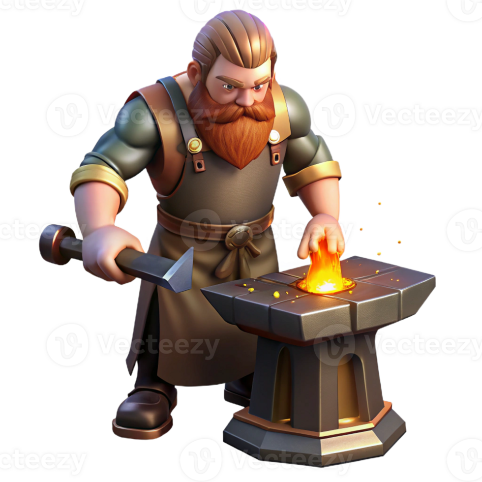 magnificent creative A stoic dwarf blacksmith forging a magical weapon, forge lighting, fantasy art style original png