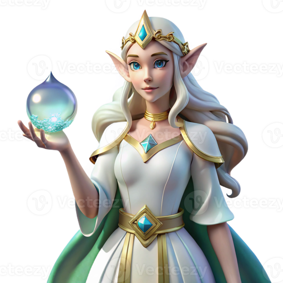 vibrant rustic A graceful elf queen holding a crystal orb, magical lighting, art nouveau style detailed png