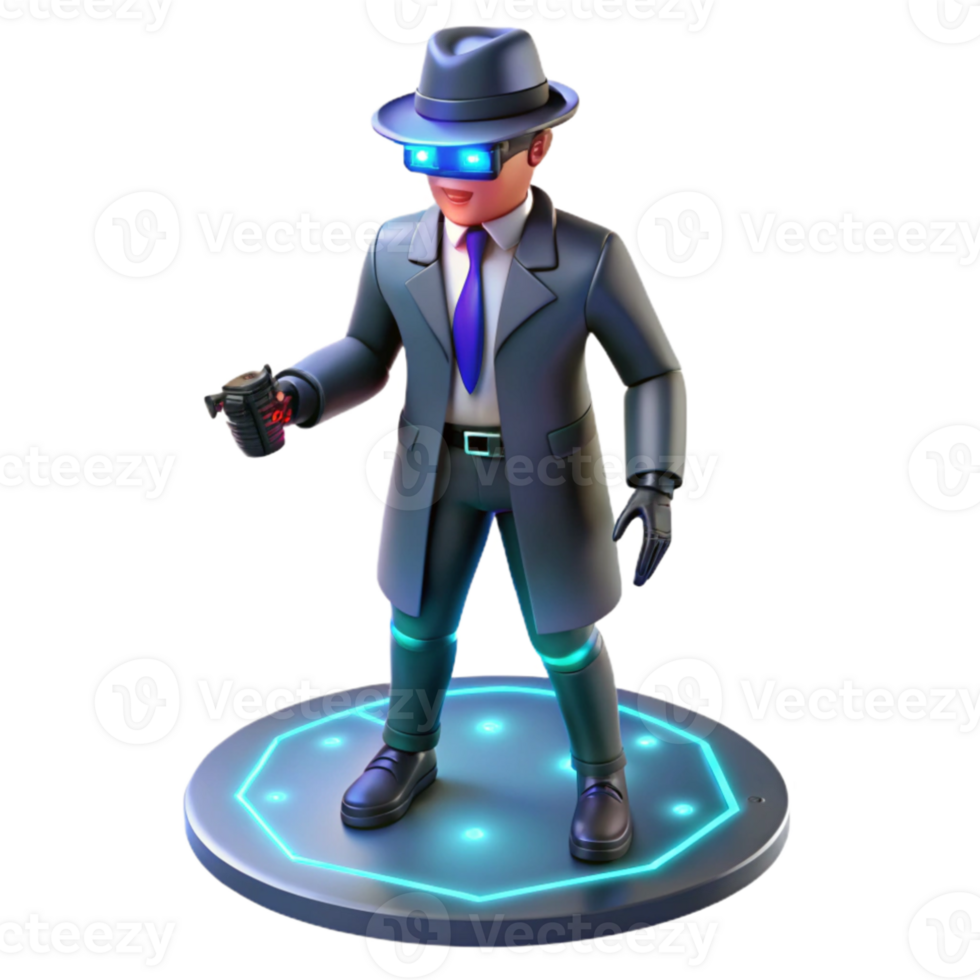 vibrant artistic Cyborg detective investigating a crime scene in a virtual reality, neon lighting, noir style authentic png