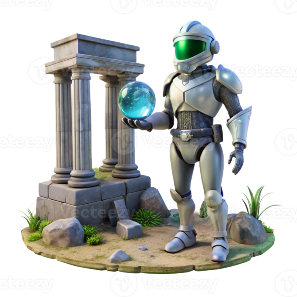 impressive artistic Time traveler examining ancient ruins in a futuristic suit, natural lighting, historical sci-fi style genuine png