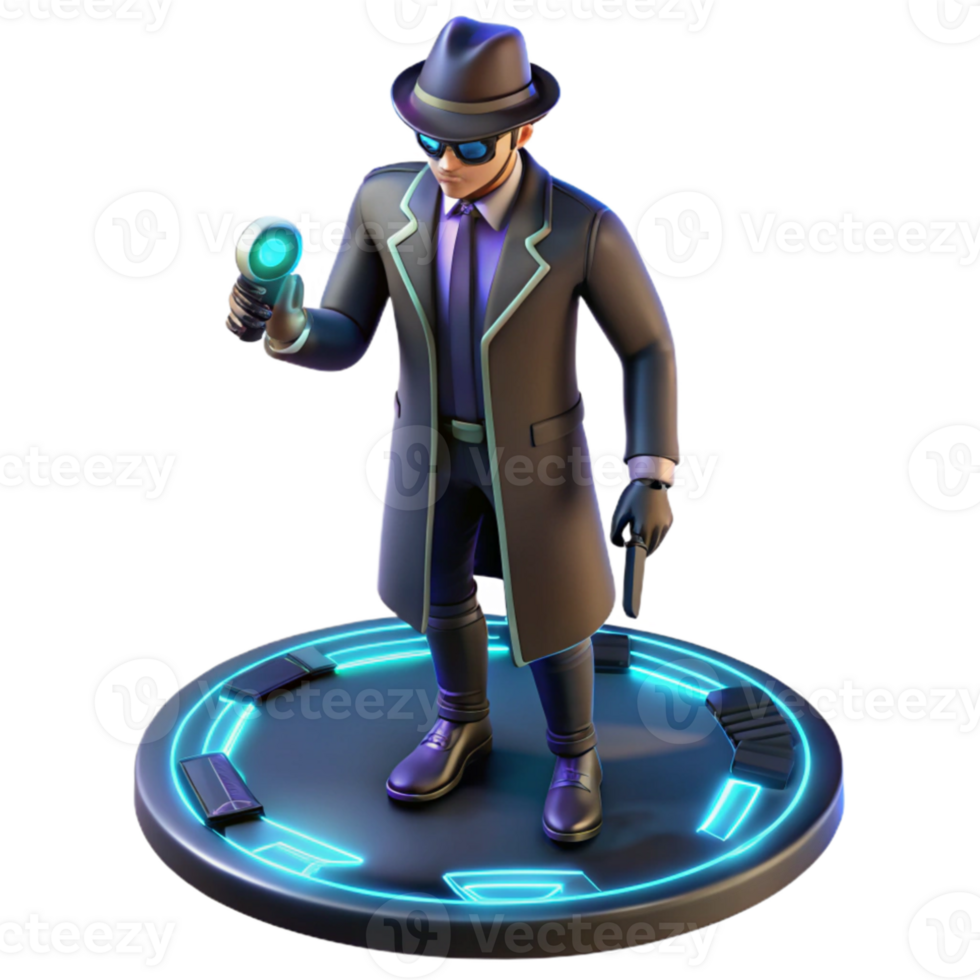 elegant modern Cyborg detective investigating a crime scene in a virtual reality, neon lighting, noir style detailed png