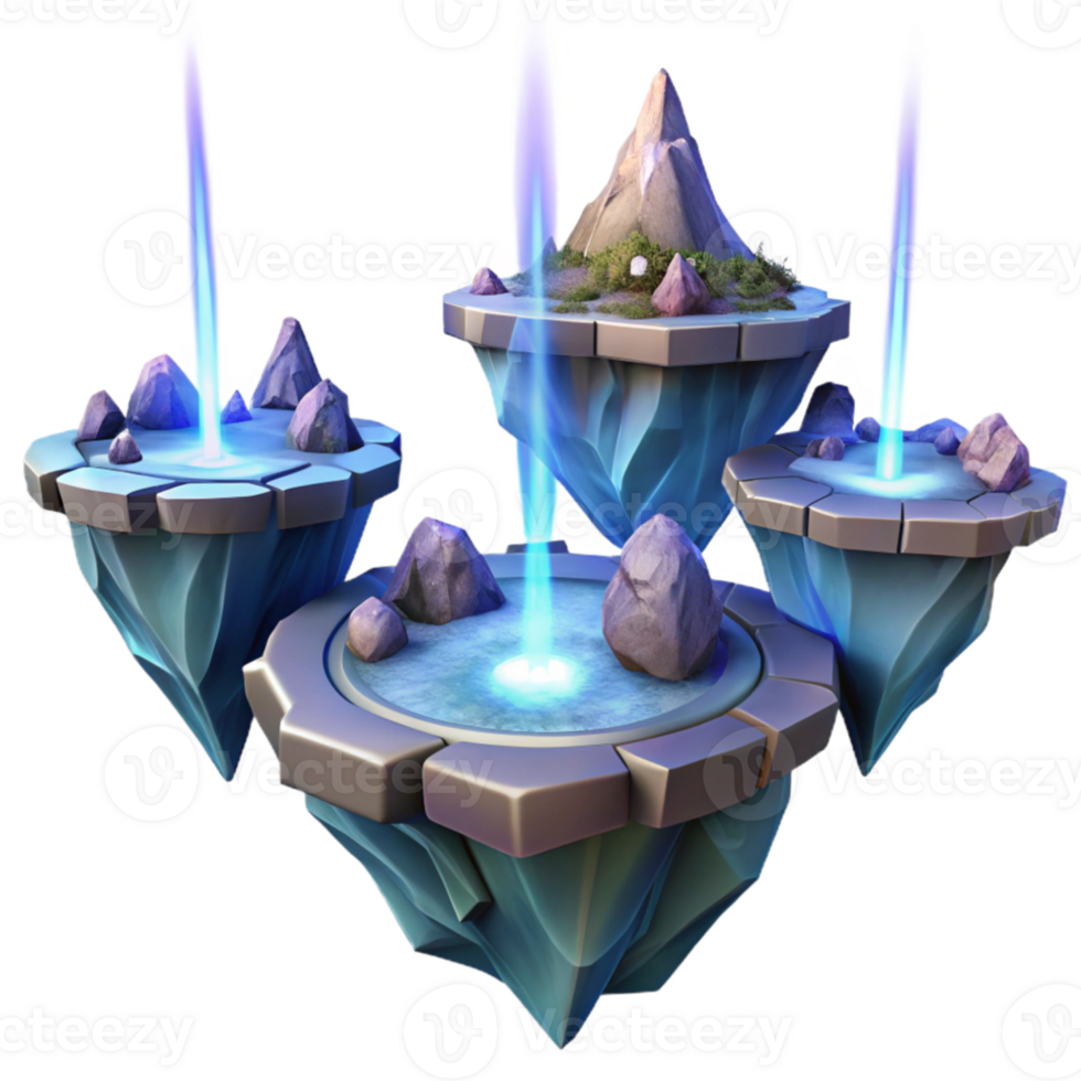 dramatic artistic Floating islands connected by energy beams, ethereal lighting, fantasy sci-fi style exclusive png