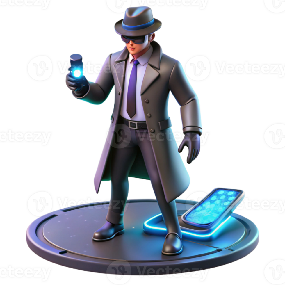 elegant abstract Cyborg detective investigating a crime scene in a virtual reality, neon lighting, noir style high resolution png
