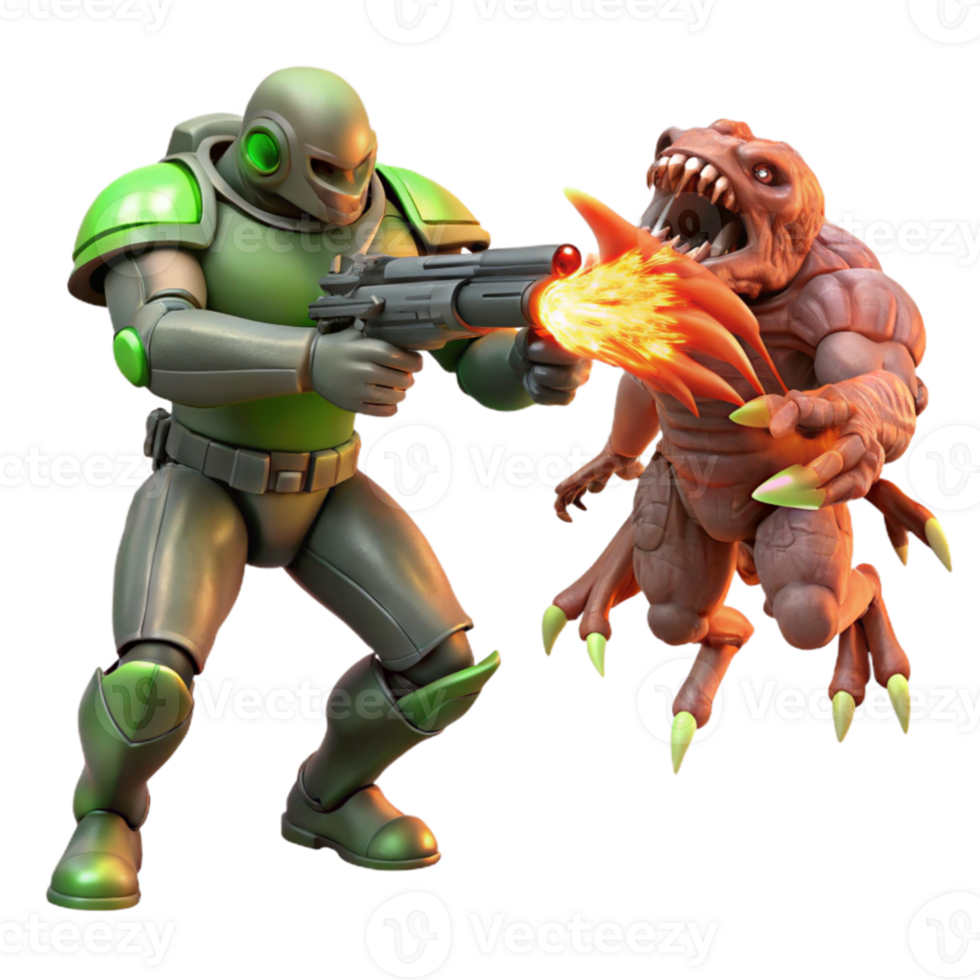 magnificent vintage Space marine fighting a giant alien creature, explosive lighting, action sci-fi style high quality png