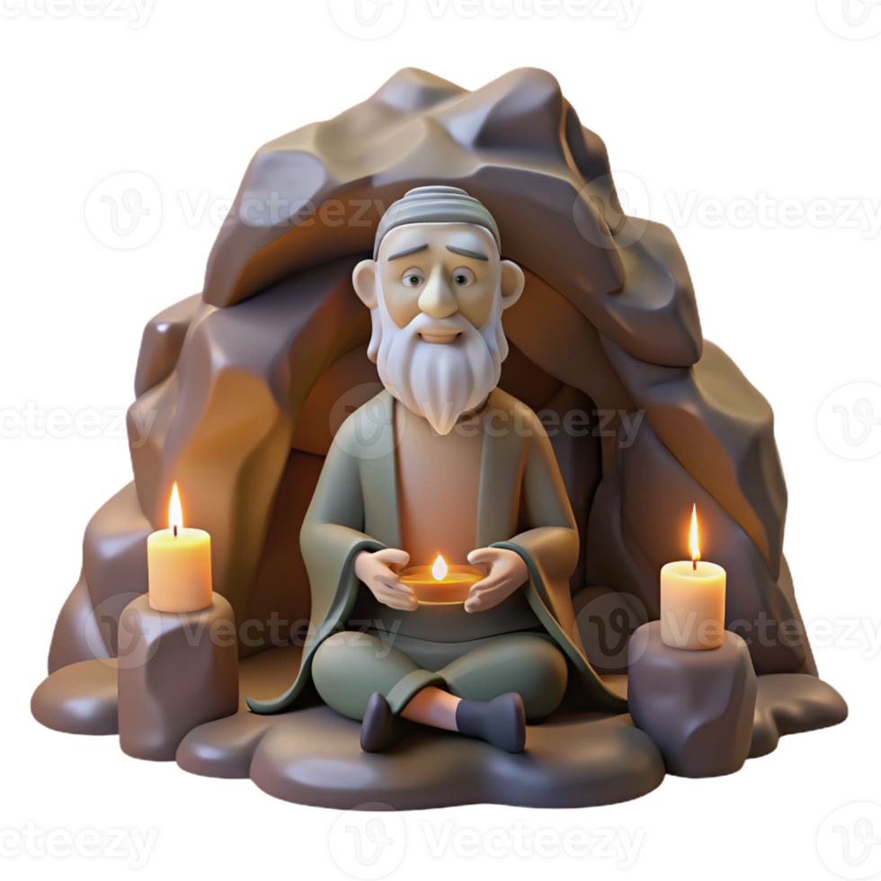 serene contemporary A wise old hermit meditating in a secluded cave, candlelight lighting, concept art style genuine png
