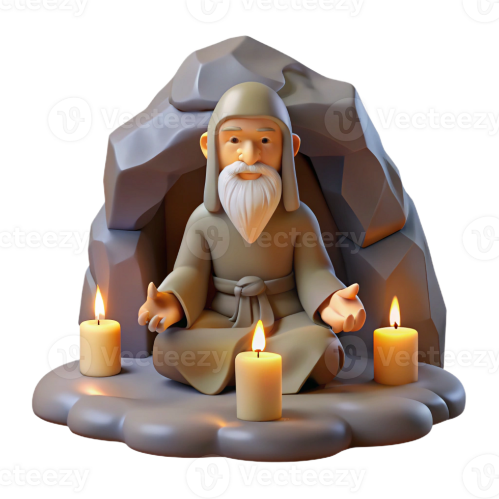 dramatic modern A wise old hermit meditating in a secluded cave, candlelight lighting, concept art style professional png