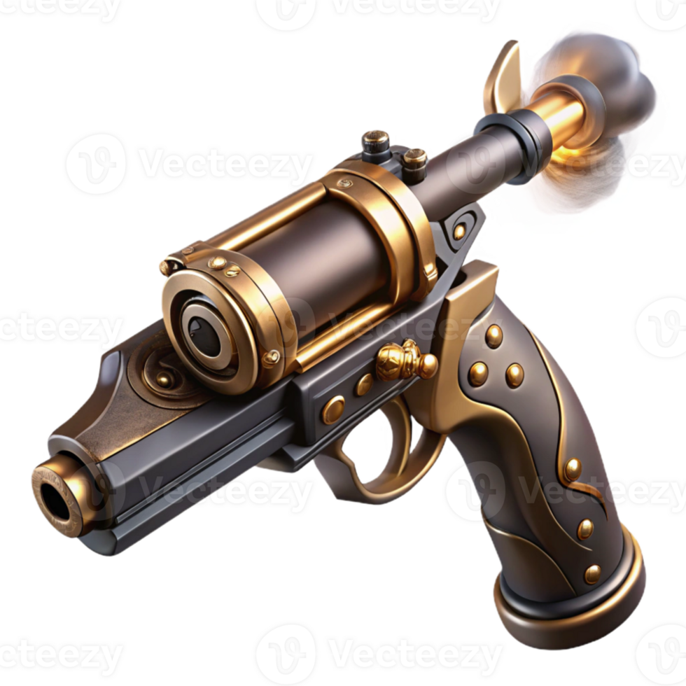 dramatic contemporary A sleek steampunk pistol, polished dark metal with gold filigree, steam venting from the barrel, dramatic chiaroscuro lighting detailed png