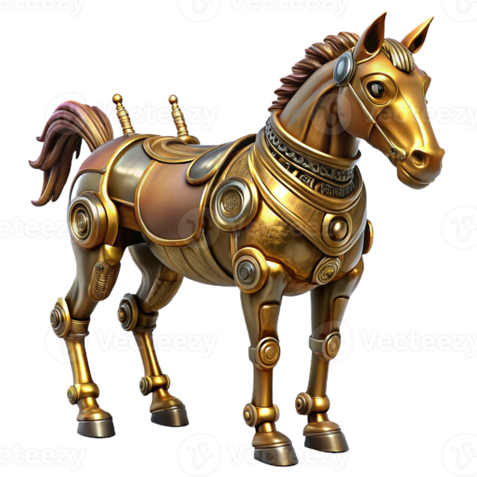serene classic A powerful steampunk robotic horse, gleaming bronze and steel, steam-powered pistons driving its legs, dynamic, high-contrast lighting original png