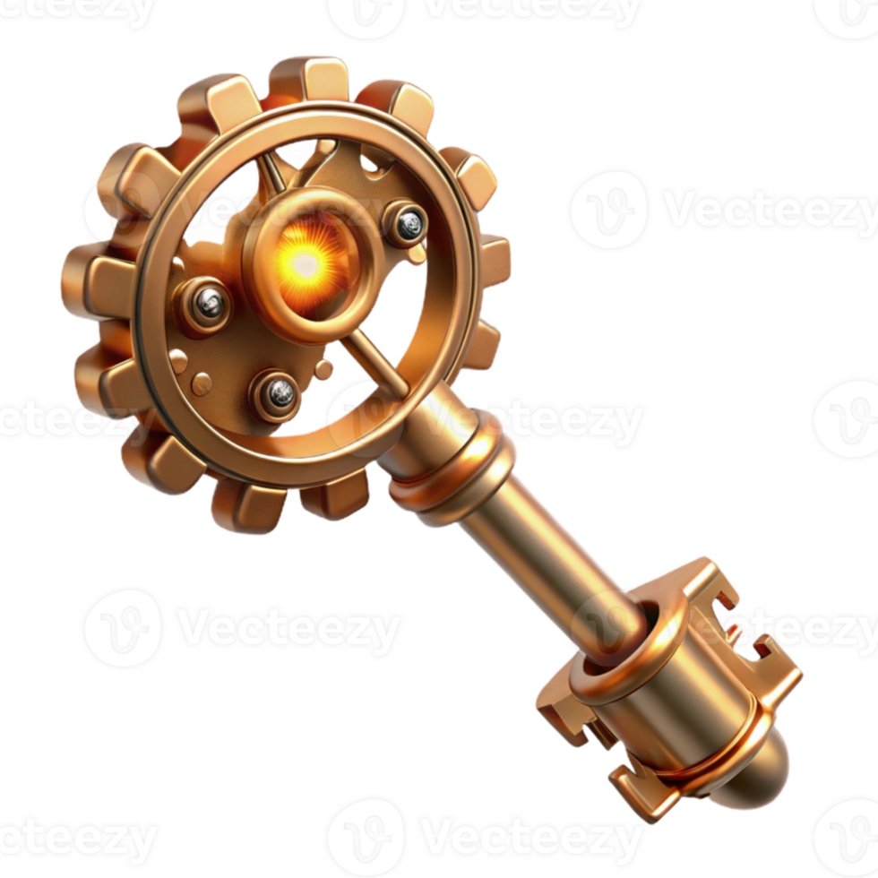beautiful contemporary A intricate steampunk key, ornate brass and copper, with moving gears and levers, lit by a single ray of light authentic png