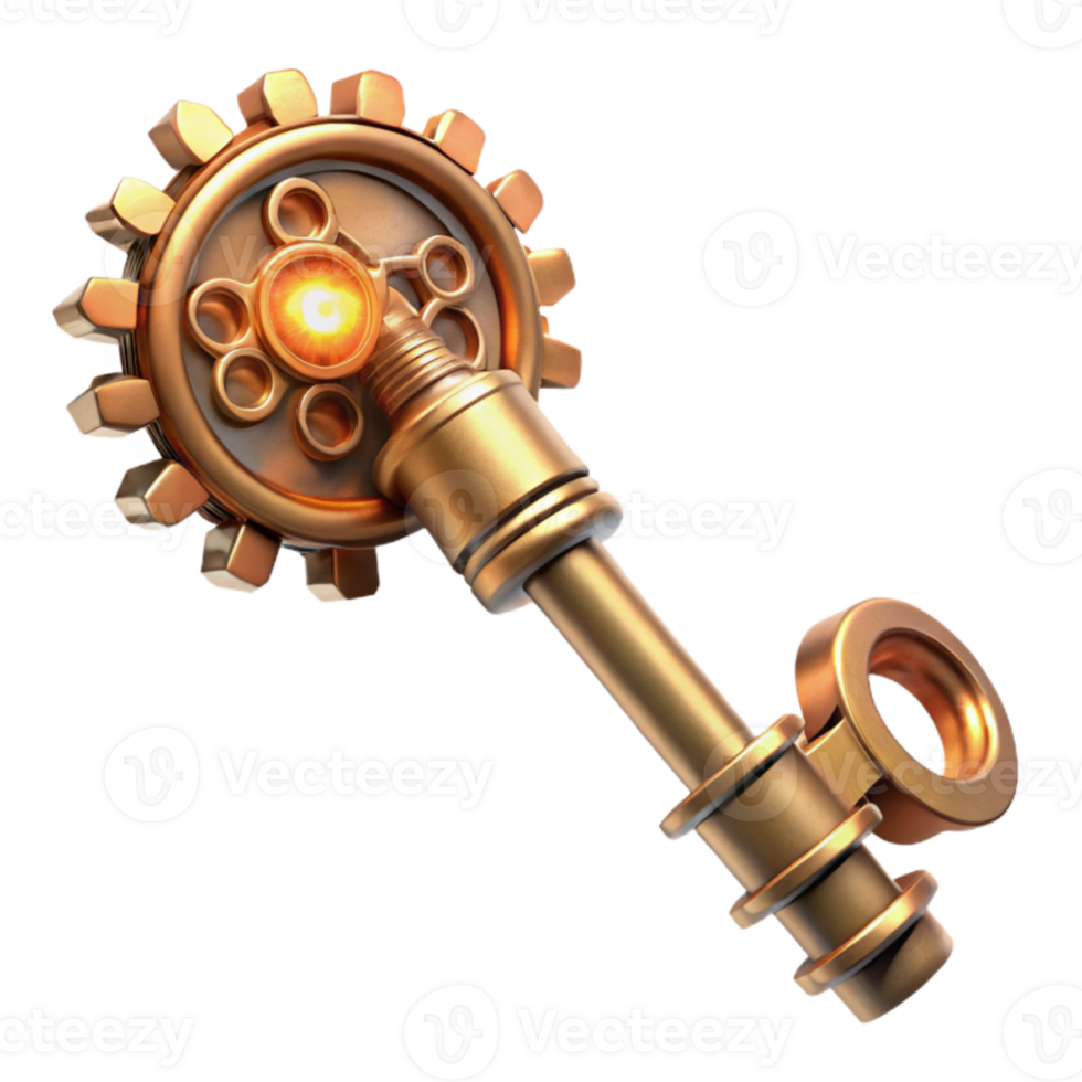 serene creative A intricate steampunk key, ornate brass and copper, with moving gears and levers, lit by a single ray of light high quality png