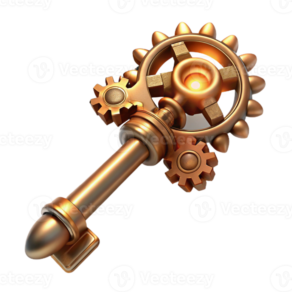 stunning classic A intricate steampunk key, ornate brass and copper, with moving gears and levers, lit by a single ray of light genuine png