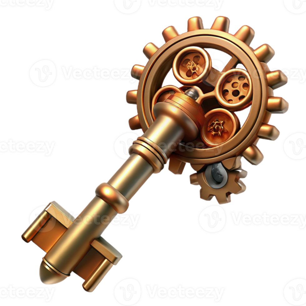 dramatic minimalist A intricate steampunk key, ornate brass and copper, with moving gears and levers, lit by a single ray of light genuine png