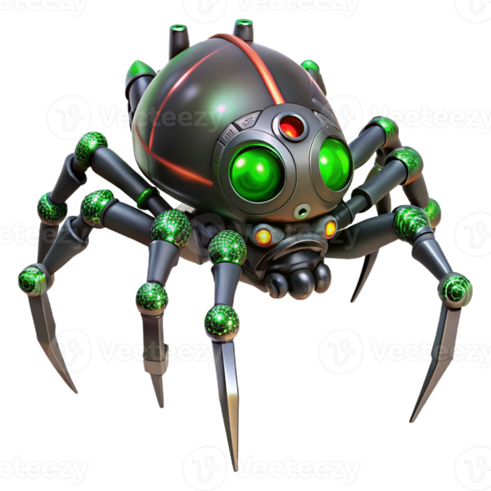 dramatic artistic A menacing steampunk spider, mechanical legs with sharp points, glowing red eyes, ominous green lighting premium png