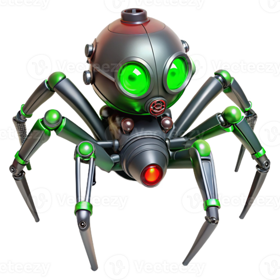 vibrant creative A menacing steampunk spider, mechanical legs with sharp points, glowing red eyes, ominous green lighting high quality png
