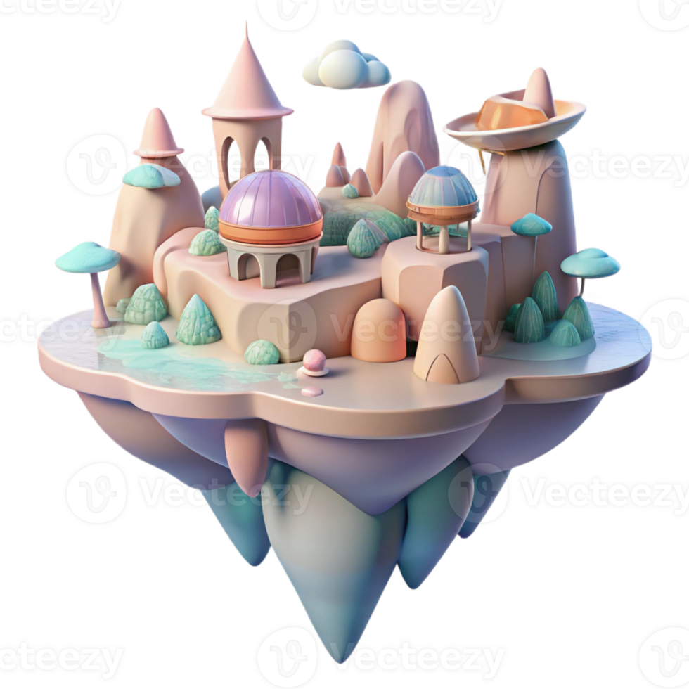 wonderful creative A surreal landscape of floating islands and impossible architecture, rendered in a dreamlike, pastel color palette. Soft, ambient lighting genuine png