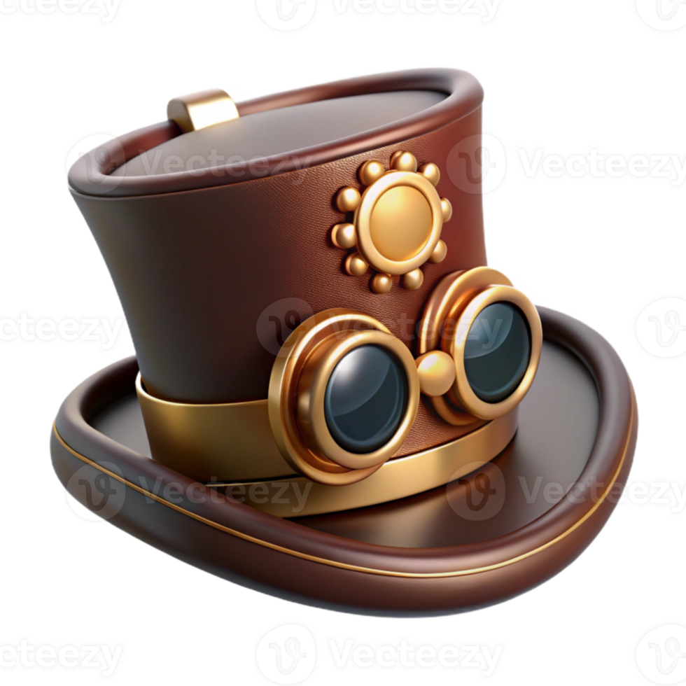 impressive contemporary A stylish steampunk top hat, dark brown with brass goggles and gears, lit by a soft, top-down light detailed png