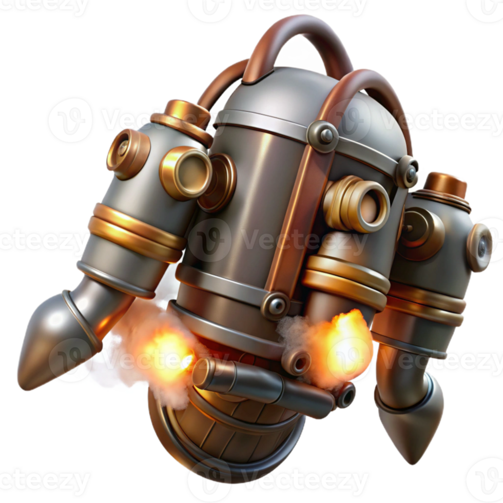 vibrant artistic A powerful steampunk jetpack, copper and steel construction, steam billowing from nozzles, dramatic backlighting premium png