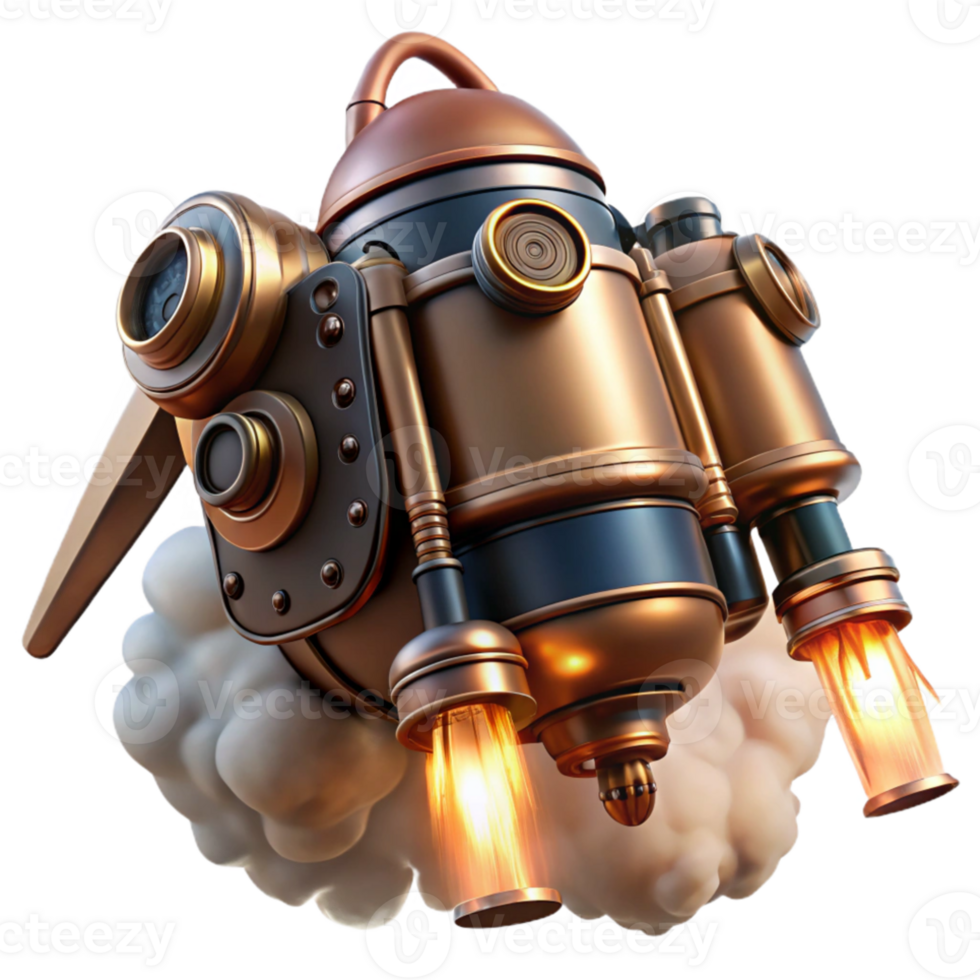 stunning abstract A powerful steampunk jetpack, copper and steel construction, steam billowing from nozzles, dramatic backlighting genuine png