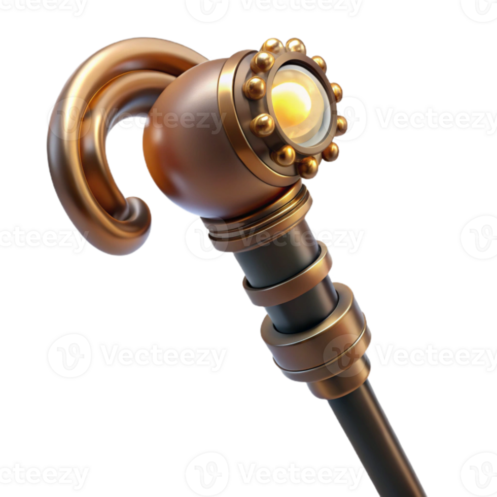 impressive creative A sophisticated steampunk cane, polished ebony with brass handle and gears, lit by a warm, ambient light original png
